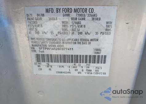 2008 Ford F-150 60Th Anniversary/Fx4/King Ranch/Lariat/Limited/Xlt из США, поврежденный, VIN 1FTPW14528FB77411